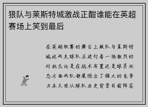 狼队与莱斯特城激战正酣谁能在英超赛场上笑到最后