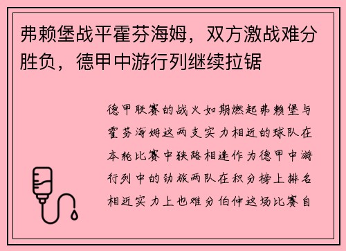 弗赖堡战平霍芬海姆，双方激战难分胜负，德甲中游行列继续拉锯