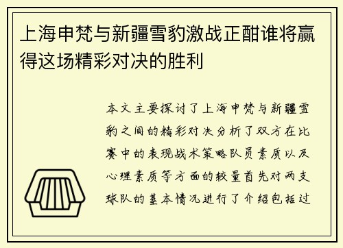 上海申梵与新疆雪豹激战正酣谁将赢得这场精彩对决的胜利