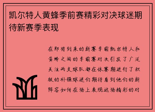 凯尔特人黄蜂季前赛精彩对决球迷期待新赛季表现