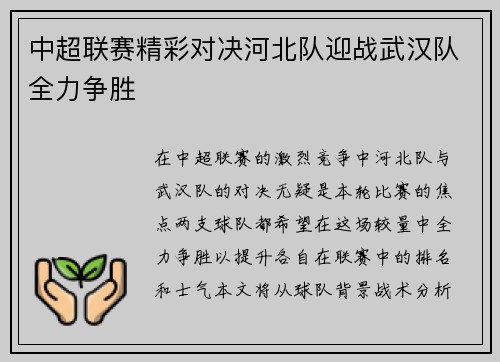 中超联赛精彩对决河北队迎战武汉队全力争胜