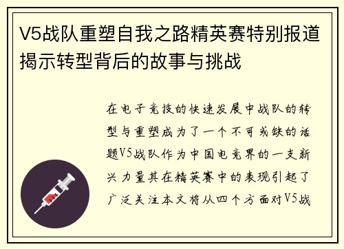 V5战队重塑自我之路精英赛特别报道揭示转型背后的故事与挑战
