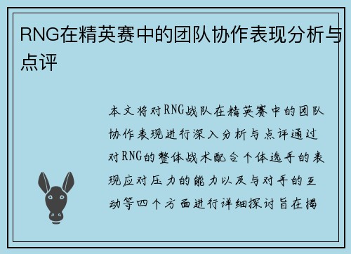 RNG在精英赛中的团队协作表现分析与点评