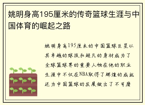 姚明身高195厘米的传奇篮球生涯与中国体育的崛起之路