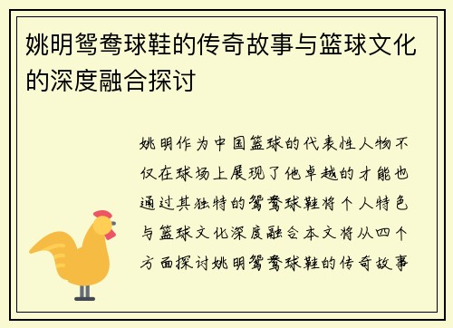 姚明鸳鸯球鞋的传奇故事与篮球文化的深度融合探讨