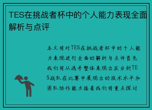 TES在挑战者杯中的个人能力表现全面解析与点评