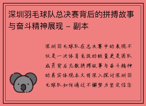 深圳羽毛球队总决赛背后的拼搏故事与奋斗精神展现 - 副本