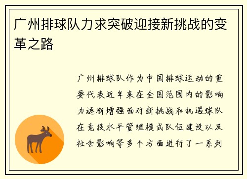 广州排球队力求突破迎接新挑战的变革之路